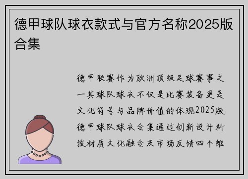 德甲球队球衣款式与官方名称2025版合集