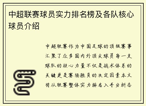 中超联赛球员实力排名榜及各队核心球员介绍
